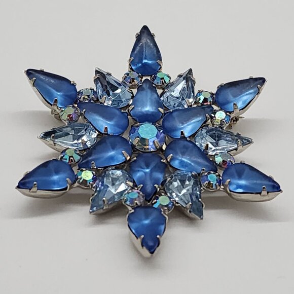 Blue Glass Cabochon Faceted Rhinestone Brooch Star Shape Open Back Silver VTG - Picture 4 of 9